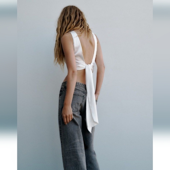 NWT Zara White Satin Effect Open Tie Back Top, Size L - Picture 3 of 9